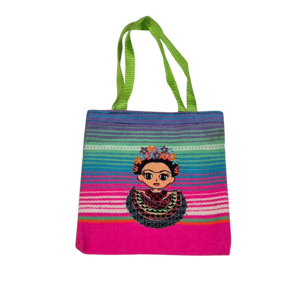 Alondra's Imports Frida Kahlo Embroidered Mini Sarape Tote Bag Mexico Pink Blue